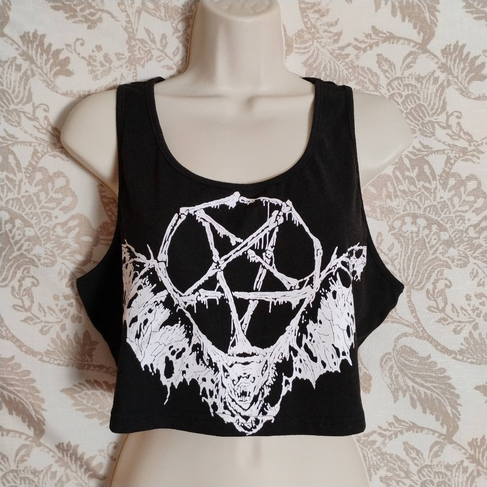 Gothic Bat Pentagram Crop Top | Dark Alternative Sleeveless Tank | Black Metal